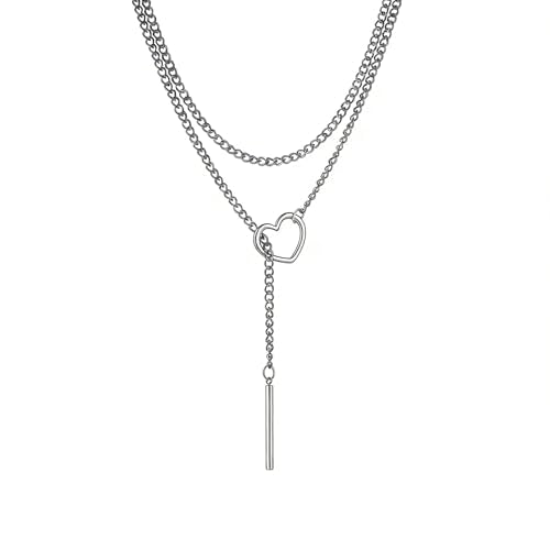 Slip Chain Necklace for Women Gothic Stainless Steel Bar Pendant Cuban Link Necklaces Adjustable Goth O Ring Long Necklaces Punk Rock Collar Choker Trendy Lariat Y Necklace - color: Long silver bar