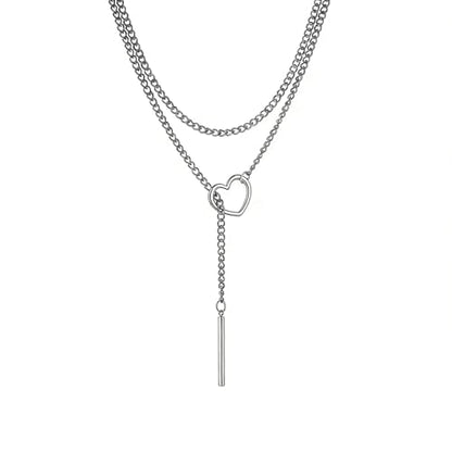 Slip Chain Necklace for Women Gothic Stainless Steel Bar Pendant Cuban Link Necklaces Adjustable Goth O Ring Long Necklaces Punk Rock Collar Choker Trendy Lariat Y Necklace - color: Long silver bar