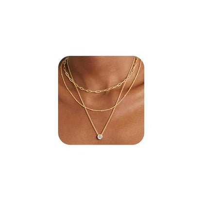 M MOOHAM Layered Gold Necklaces Stack for Women No Tarnish | 14K Gold Plated, Stackable Pendant Necklace Set, Snake Rope Cuban Paperclip Chain, CZ Coin Pendant, Dainty Jewelry Gifts - color: 3 Layered Paperclip Satellite CZ Pendant-Gold