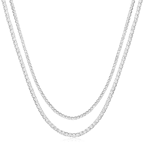 Double Layer Tennis Necklaces for Women - Dainty Gold and Silver CZ Tennis Necklace Simple Tennis Chain Sparkly CZ Choker Necklaces for Women Trendy Silver Jewelry - color: Silver, style: 14inch/2mm & 16inch/3mm