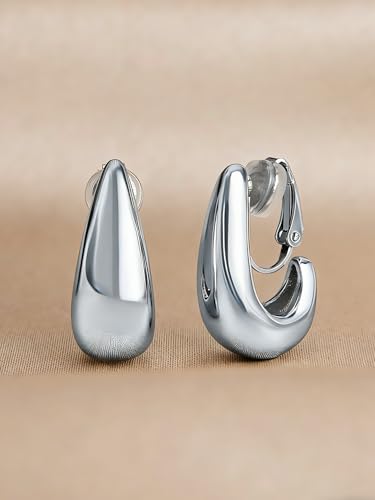 FAN&LOUIS Gold and Silver Clip On Earrings for Women, Chunky Huggie Teardrop Clip-on for Non Pierced Ears - style: Silver