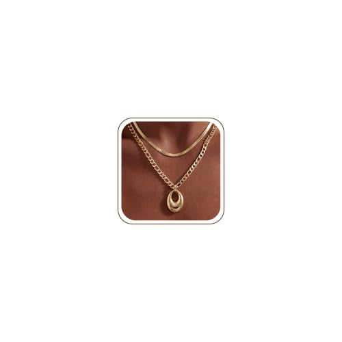 14K Gold/Silver Plated Dainty Snake Chain Layered Necklace for Women | Irregular Oval Pendant Minimalist Dainty Statement Gold Layering Everyday Jewelry - color: Gold - Polished