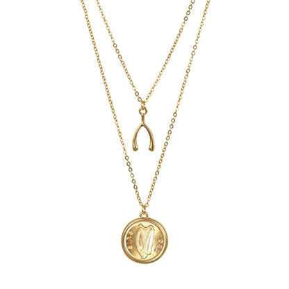American Coin Treasures Pendant Irish Half Penny Coin Necklace- Double Strand 18&16 Inch Cable Chain- Goldtone Bezel- Harp Obverse Side