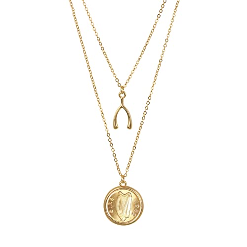American Coin Treasures Pendant Irish Half Penny Coin Necklace- Double Strand 18&16 Inch Cable Chain- Goldtone Bezel- Harp Obverse Side