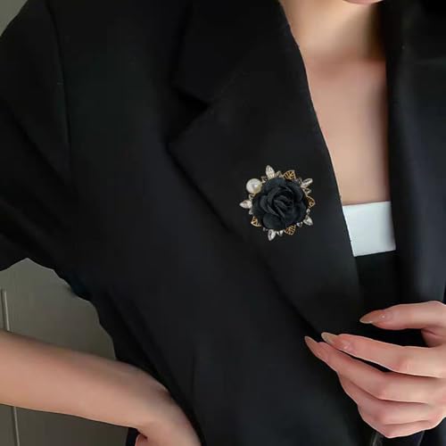 Elegant Rose Flower Brooch Pin for Women Men Wedding Party Gentleman's Essentials Handmade Imitation Crystal Pearl Fabric Flower Lapel Pin Dress Suit Accessories Boutonniere Ideas Gift - color: Black
