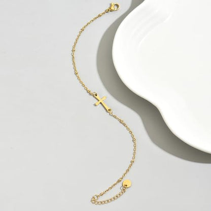18K Gold Plated Pearl Beaded Cross Bracelets for Women Adjustable Stainless Steel Dainty Thin Gold Box Cuban Twisted Link Chain Bracelet Bridesmaid Jewelry Gifts - color: Satellite Cross-Gold