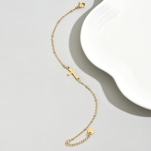 18K Gold Plated Pearl Beaded Cross Bracelets for Women Adjustable | Stainless Steel Dainty Thin Gold Box Cuban Twisted Link Chain Bracelet Bridesmaid Jewelry Gifts for Birthday, Anniversary - color: Satellite Cross-Gold