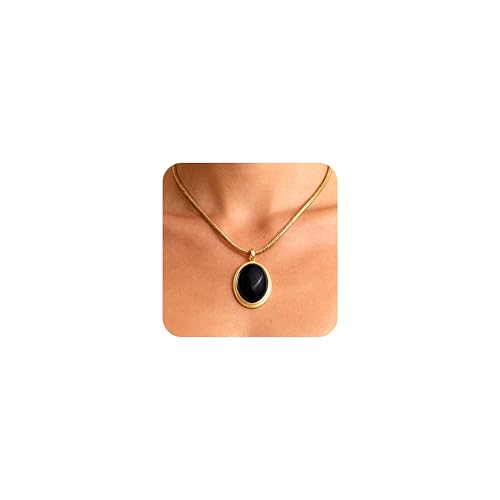 Sonateomber Gold Stone Pendant Necklace for Women, Chunky Statement Dainty Heart Oval Natural Gemstone Dangle Necklaces Wedding Prom Accessories Fashion Jewelry Gift - color: Black Obsidian