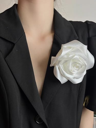 Satin Rose Flower Large Brooch Lapel Pins Handmade Fabric Flower Brooches Pin Classic for Wedding Party Dance Banquet for Women Men Dress Suit Clothes Accessories JewelryGifts 110mm - color: White