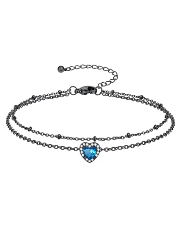 Richsteel Double Layer Heart/Butterfly Birthstone Anklet for Women | Non Tarnish Waterproof, Silver/Gold/Black Stainless Steel 8.5-10.5 Inch Adjustable Chain Anklets Summer Beach Foot Jewelry - color: Black Heart-12 Dec.(Blue Topaz)