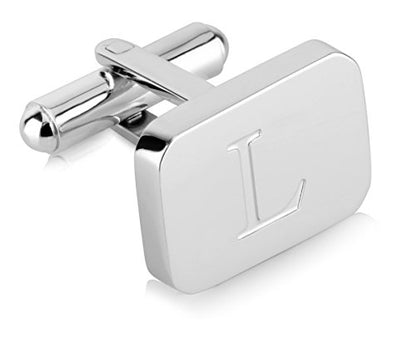 18K White-Gold Plated Initial Engraved Stainless Steel Men’s Cufflinks With Gift Box -Personalized Alphabet Letter’s A-Z By Lux & Pair - style: L- White Gold