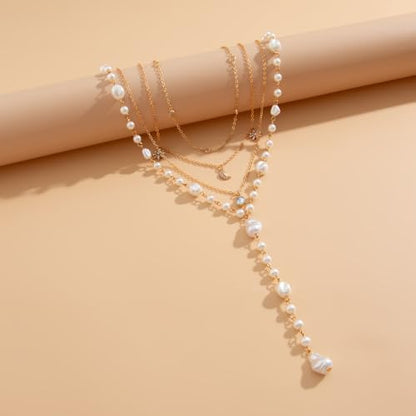 Faux Pearl Necklaces for Women, Dainty Gold Tone Necklace Long Lariat Y Necklace Layered Sun Moon Pendant Necklace Cuban Chain Faux Pearl Drop Necklaces Minimalist Jewelry for Women