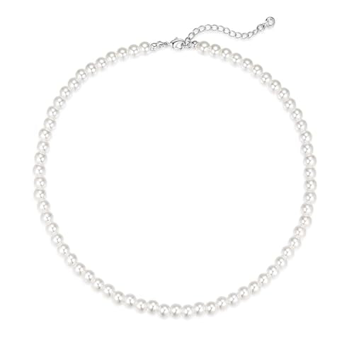 LULII Pearl Necklaces for Women 14K Gold Plated Dainty Layered Single Pearl Necklace Simple Daisy Pearls Choker Cute Gold Necklace Stack Jewelry Sets for Women Trendy Gifts - color: Silver-6mm Pearl