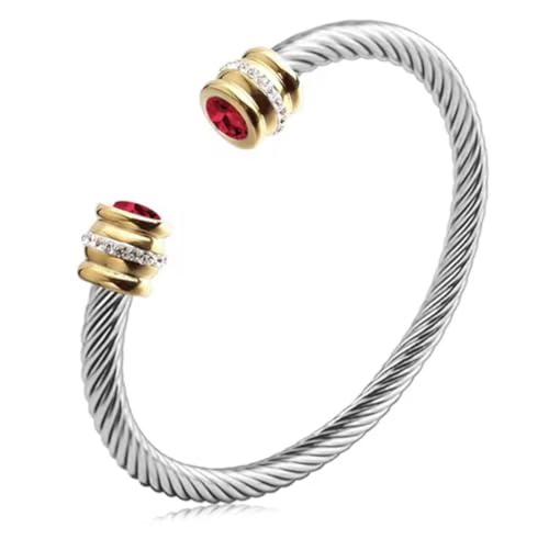 Birthstone Cable Cuff Bracelet for Women - Adjustable Open Cuff, Two-Tone Gold & Silver Twisted Bangle, Classic Stackable Jewelry Gift - color: Garnet