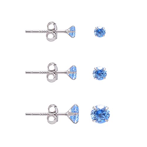 3 Pairs Color Zirconia Earrings Studs, Sterling Silver Studs Earrings Set 3MM 4MM 5MM - color: Blue