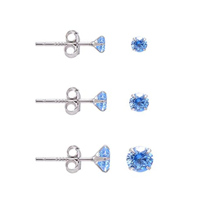 3 Pairs Color Zirconia Earrings Studs, Sterling Silver Studs Earrings Set 3MM 4MM 5MM - color: Blue