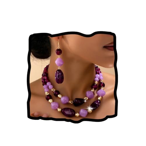 Layered Beaded Necklace and Earring Set Acrylic Beads Necklace Set Bohemian Chunky Jewelry Set for Women Beach - color: Purple