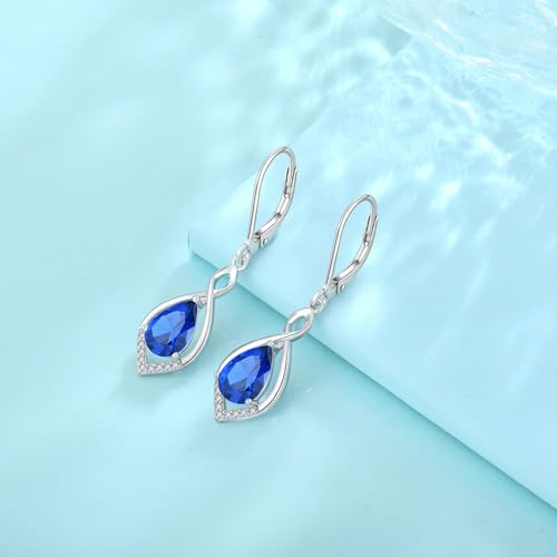 Infinity Teardrop Earrings 925 Sterling Silver Dangle Drop Leverback Earrings Birthstone Jewelry for Women - color: Royal Blue