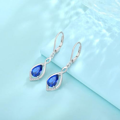 Infinity Teardrop Earrings 925 Sterling Silver Dangle Drop Leverback Earrings Birthstone Jewelry for Women - color: Royal Blue