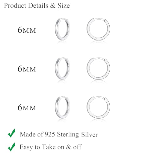 3 Pairs 925 Sterling Silver Small Huggie Hoop Earrings for Women Men | 14K White Gold Plated, Hypoallergenic, Small Silver Hoops - color: M-Silver 3Pairs 6mm