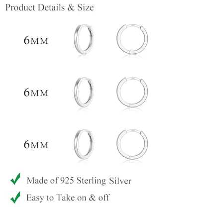 3 Pairs 925 Sterling Silver Small Huggie Hoop Earrings for Women Men | 14K White Gold Plated, Hypoallergenic, Small Silver Hoops - color: M-Silver 3Pairs 6mm