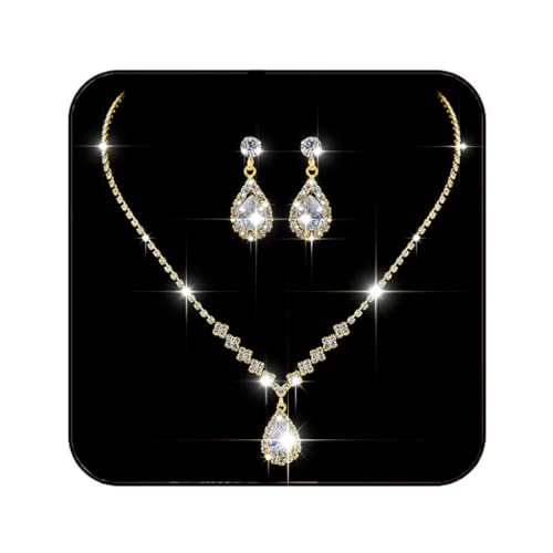 JAKAWIN Silver Rhinestone Jewelry Set Wedding Necklace Earrings for Women - color: B Gold