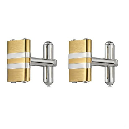 HZMAN Two-Tone Stripe Cufflinks for Men, Stainless Steel High Polished Dress Shirt Cuff Links, Formal Accessories for Wedding Business Party