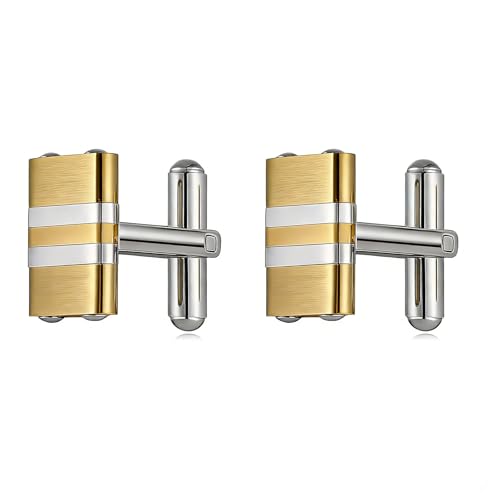 HZMAN Two-Tone Stripe Cufflinks for Men, Stainless Steel High Polished Dress Shirt Cuff Links, Formal Accessories for Wedding Business Party