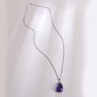 iSTONE 925 Sterling Silver Natural Crytral for Womens Pendant Necklace, Gemstone Birthstone with 17.8" Silver Chain Ladies - color: Amethyst