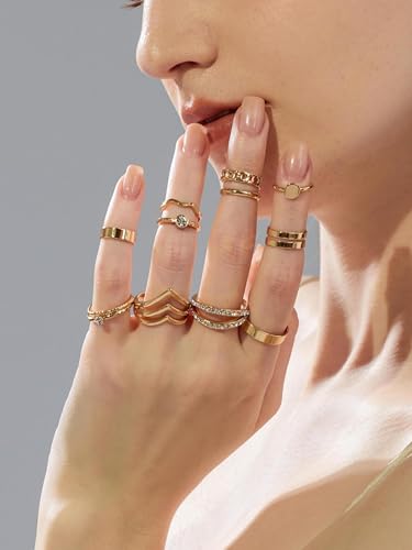 12 Pcs Gold Stackable Rings for Women,Dainty 14k Plated Gold Knuckle Ring Set with Cubic Zirconia Hypoallergenic No-Tarnish Gold Joint Rings Jewelry Gift for Women
