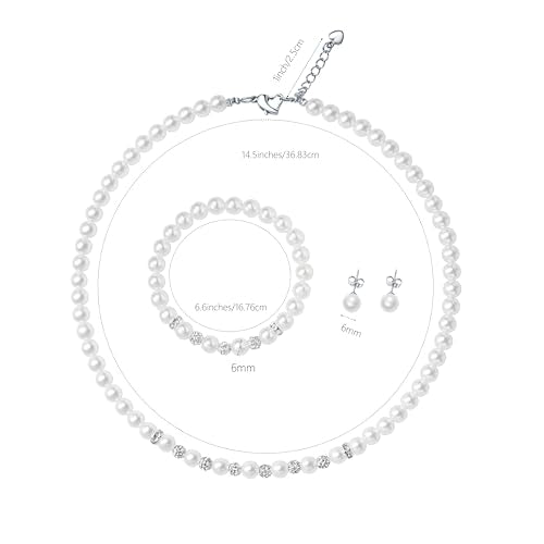 6mm Pearl Jewelry Set for Women & Girls, Necklace Bracelet Earrings | Sparkling Rhinestone Detail, Faux Pearl Set, Prom Gift - style: 14.5 inches white