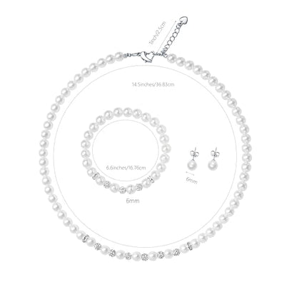 6mm Pearl Jewelry Set for Women & Girls, Necklace Bracelet Earrings | Sparkling Rhinestone Detail, Faux Pearl Set, Prom Gift - style: 14.5 inches white