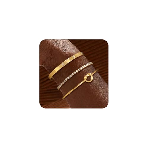14K Gold Plated Stackable Bangle Bracelets for Women | Dainty Cuff Bracelets, Stackable for Women, Waterproof Bracelet Stack, Gold Jewelry Gifts Trendy Adjustable Accessories - color: 3-layer-F-Gold