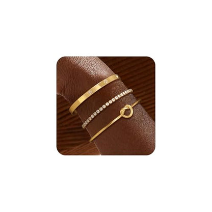14K Gold Plated Stackable Bangle Bracelets for Women | Dainty Cuff Bracelets, Stackable for Women, Waterproof Bracelet Stack, Gold Jewelry Gifts Trendy Adjustable Accessories - color: 3-layer-F-Gold