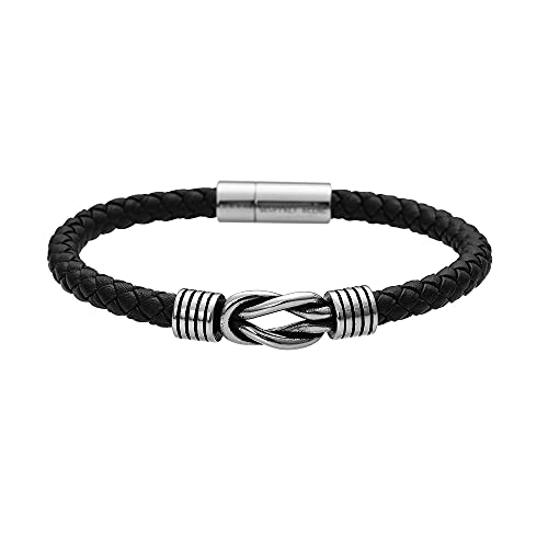 Geoffrey Beene Men's Braided Genuine Leather Knot Bracelet with Stainless Steel Closure - color: Black