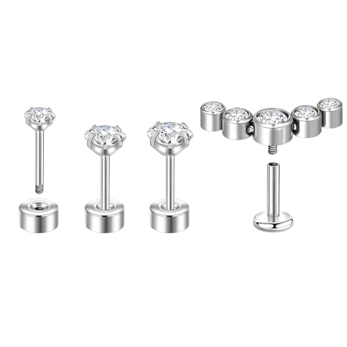 Lantine 16g CZ Crawler Flat Back Stud Earrings Set G23 Titanium Cartilage Tragus Daith Helix Piercing Jewelry 20g Flat Screw 2nd 3rd Lobe FlatBack Earrings - color: CZ, size: 16g 8mm