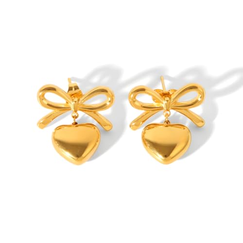 18K Gold Plated & Silver Chunky Heart & Bow Earrings for Women, Chunky Heart Dangle Hoops/Tiny Studs, Kawaii Dainty Hypoallergenic Jewelry for Multiple Piercings, Gift for Her - style: Bow&Heart-Gold