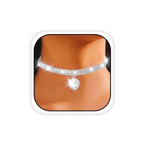 CLOACE Rhinestone Choker Necklace Heart Pendant Diamond Row Necklaces Sparkly Crystal Prom Chain Jewerly Accessories for Women - color: Silver