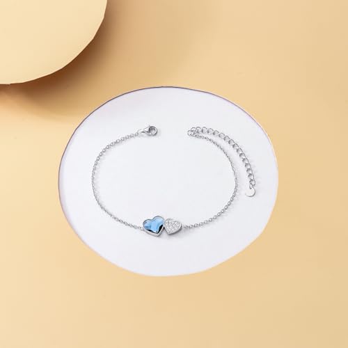 925 Sterling Silver Anklet Foot Bracelet with Crystal from Austria, Anklet Jewelry Gifts for Women 11 Inch Adjustable - style: Heart