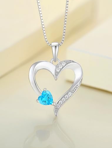 YL Heart Necklace 925 Sterling Silver Love Heart Pendant Birthstone Jewelry for Women - color: 03-aquamarine-Mar