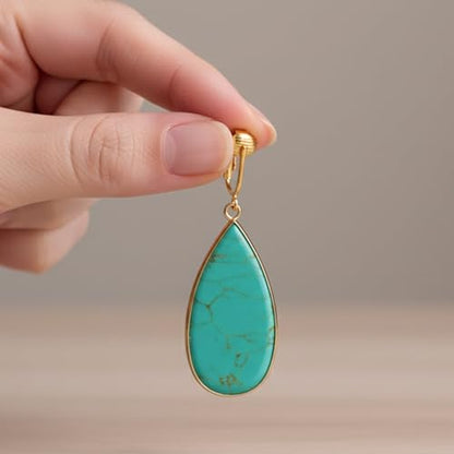 Aloha Earrings Non Pierced Gold Tone Clip On Natural Stone Teardrop Dangling Earrings - style: Turquoise