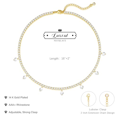 Luxval Tennis Necklace 14K Gold Plated Rhinestone Butterfly Choker Necklaces for women Dainty Zirconia Cut Faux Diamond chain 3mm - color: Gold-Pearl dangle tennis