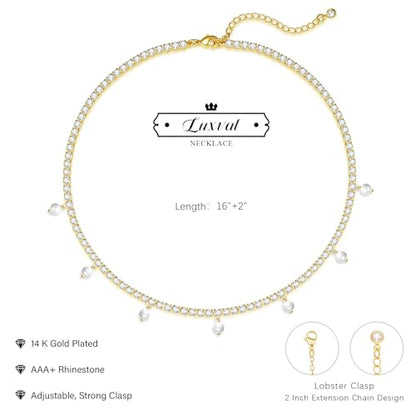 Luxval Tennis Necklace 14K Gold Plated Rhinestone Butterfly Choker Necklaces for women Dainty Zirconia Cut Faux Diamond chain 3mm - color: Gold-Pearl dangle tennis