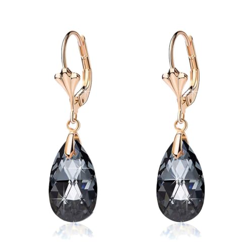 Austrian Crystal Teardrop Leverback Dangle Earrings for Women Fashion 14K Gold Plated Hypoallergenic Jewelry - color: Black