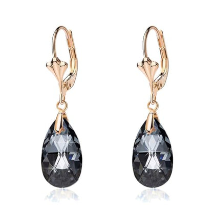 Austrian Crystal Teardrop Leverback Dangle Earrings for Women Fashion 14K Gold Plated Hypoallergenic Jewelry - color: Black