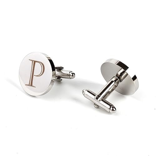 Mens Initial Silver Cufflinks A-Z Alphabet Letter Steel Cuff Links with Engraved Walnut Wood Box Groom Groomsman Wedding Set… - style: P