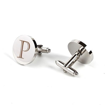 Mens Initial Silver Cufflinks A-Z Alphabet Letter Steel Cuff Links with Engraved Walnut Wood Box Groom Groomsman Wedding Set… - style: P
