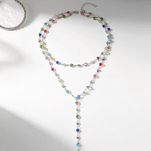Colorful Rhinestone Long Necklaces for Women,Boho Small Crystal Drop Necklace,Boho Rhinestone Layered Necklaces - color: Silver