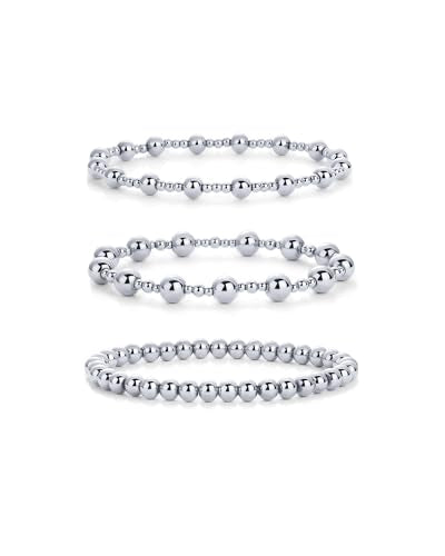 PAVOI 14K Gold Plated Beaded Bracelet Pack for Women | Stainless Steel 3-Piece Stretchy Bracelet Set | Waterproof Ball Trio - color: White Gold, size: 6.5, style: Uniform