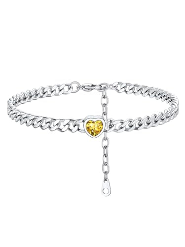 ChainsHouse Cuban Chain Anklets for Women with Heart Birthstone Jan - Dec | Stainless Steel Black Link Chain Ankle Bracelet with Birthstone, Beach Women Anklet 22cm-27cm Adjustable, with Gift Box - color: 11. Nov.-Topaz-Steel